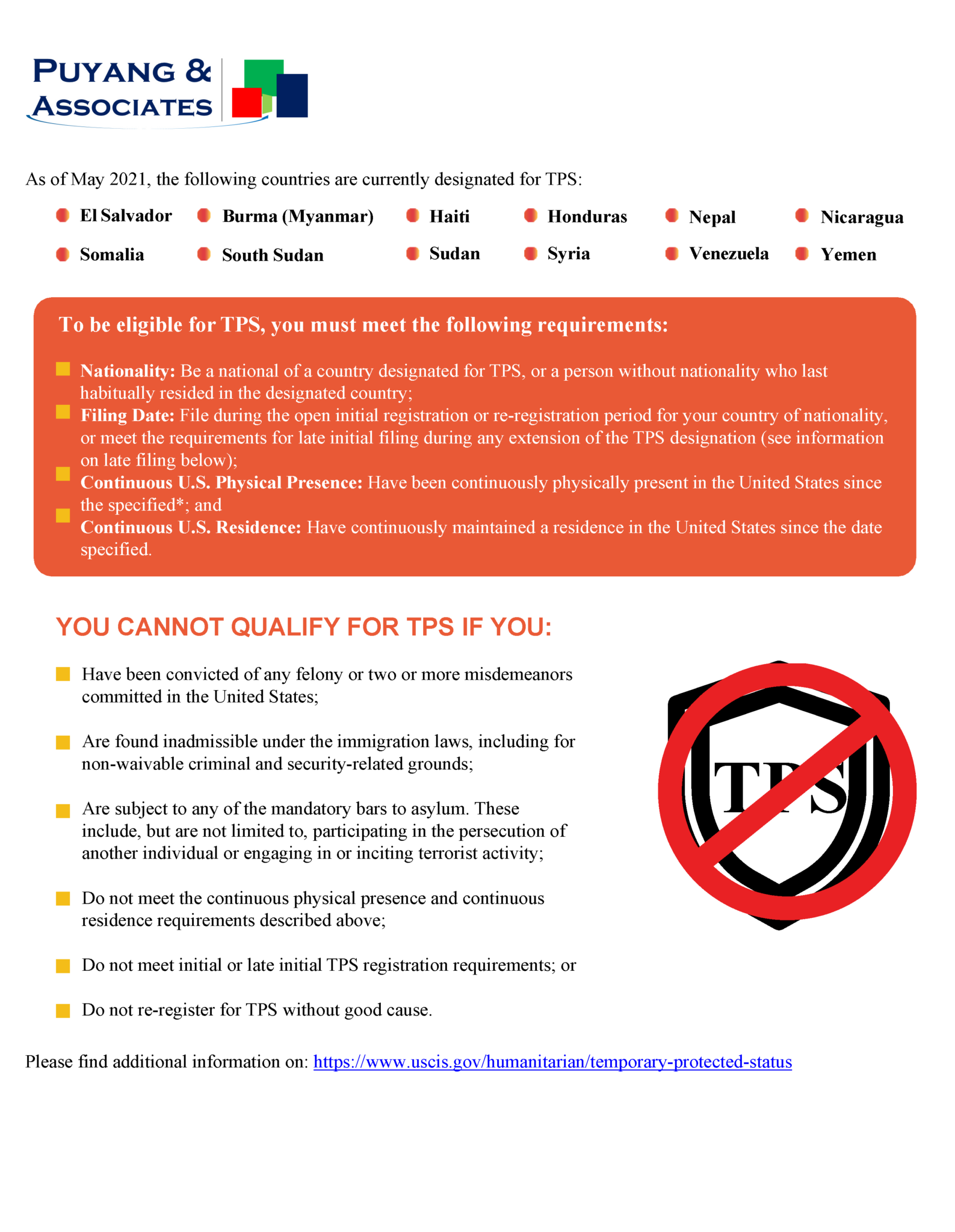 Countries That Are Designated For TPS (as Of May 2021) - Puyang & Wu, LLC