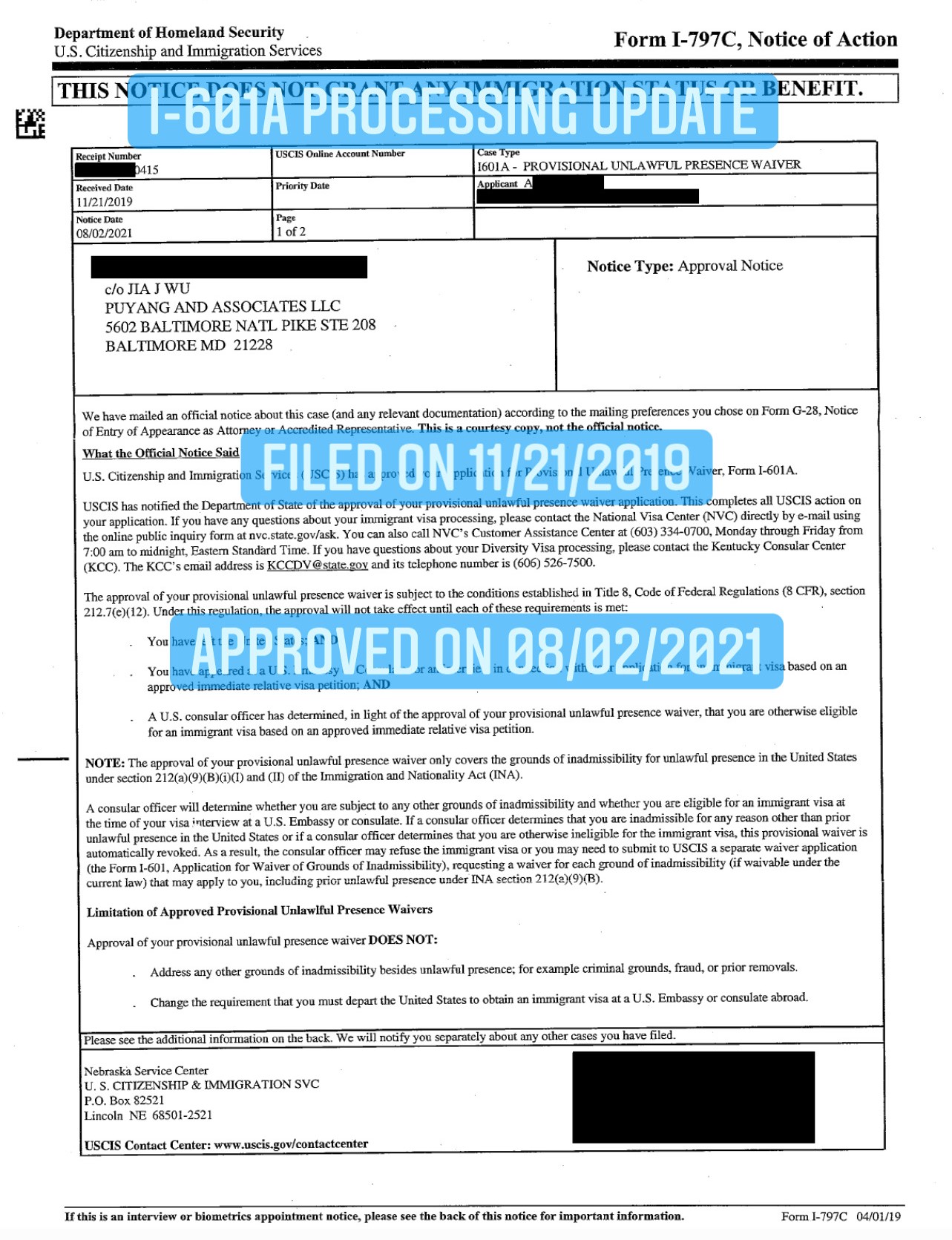 I601A Processing Update Puyang & Wu, LLC