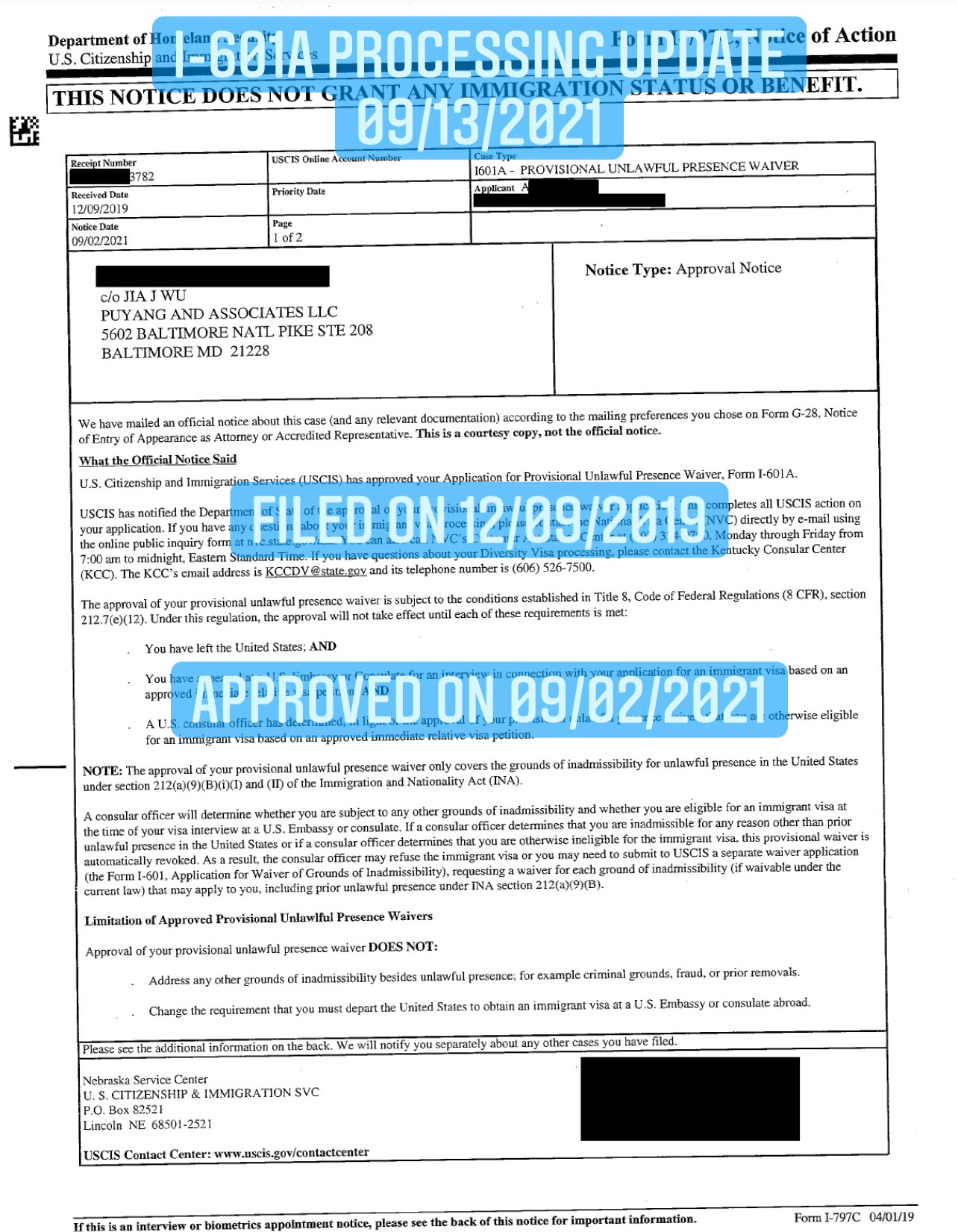 I601A Processing Update Puyang & Wu, LLC