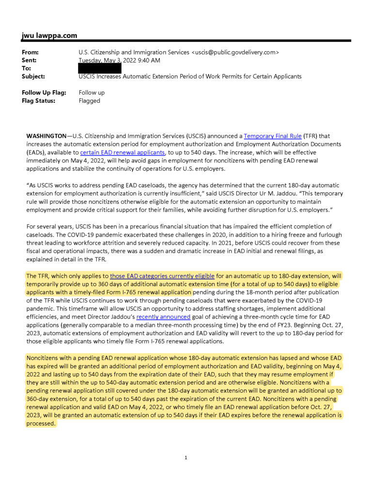 USCIS Temporarily Increases Automatic EAD Extension Up To 540 Days ...