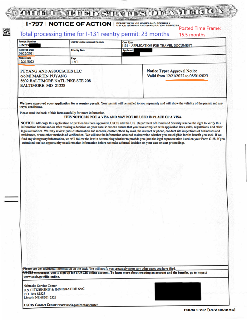 I131 ReEntry Permit Processing Times Puyang & Wu, LLC