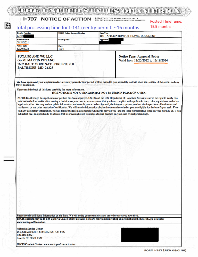 I131 ReEntry Permit Processing Times Puyang & Wu, LLC