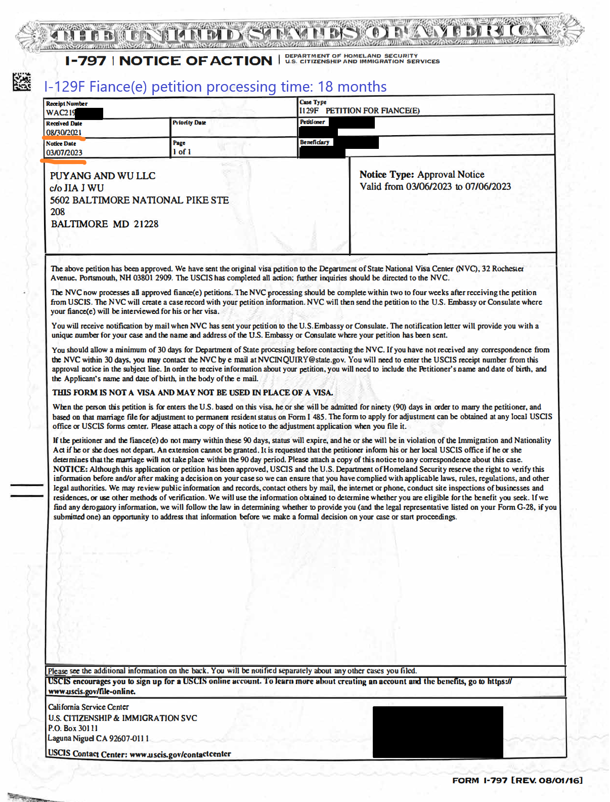 I129F, Fiance(e) or spouse and/or dependent children, processing times