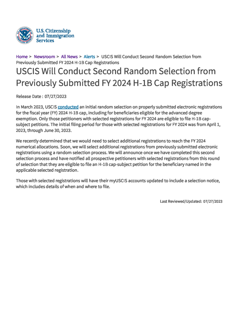 USCIS Announces Second Round of H1B Cap Registrations for FY 2024