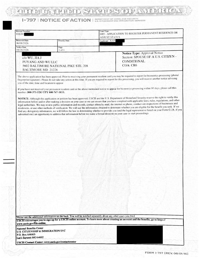 Redacted I-485 notices showing receipt on June 8 and approval on August 28, 2026
