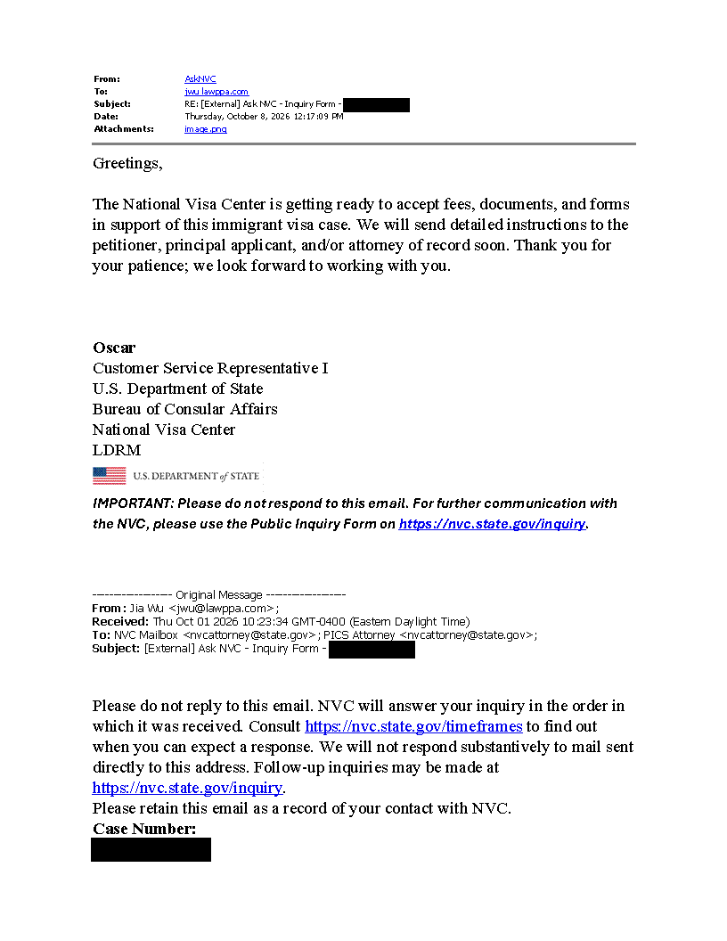 Redacted NVC email responding to an inquiry about pending consular processing.