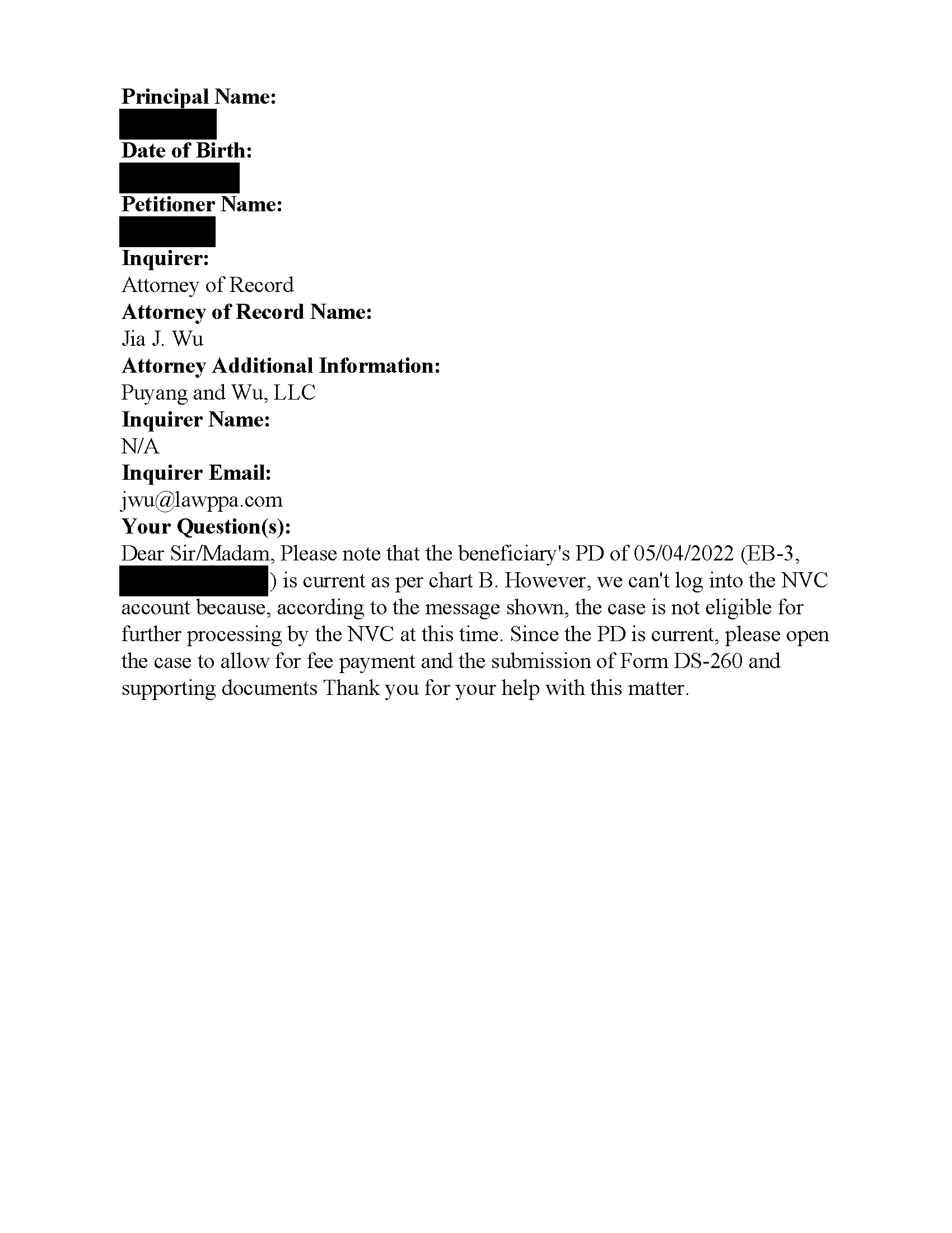 Redacted NVC response stating that fee and document submission instructions will follow.
